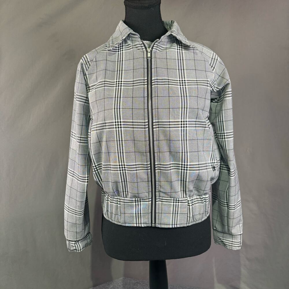 Albion Jacket Women XXS Cropped Plaid Bomber Front Zip Collared White Gray Black